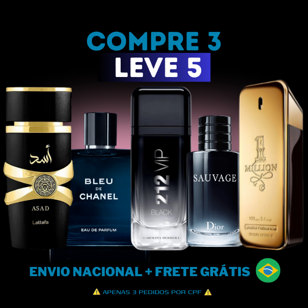 COMPRE 3 LEVE 5 Perfumes Importados (100ml) - 1 Million | 212 Black | Invictus | Assad | Bleu