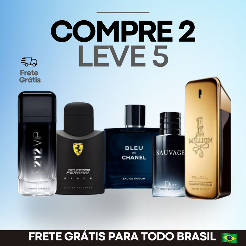 COMPRE 2 LEVE 5 Perfumes Importados (100ml) - 1 Million | 212 | Invictus | Ferrari Black | Bleu